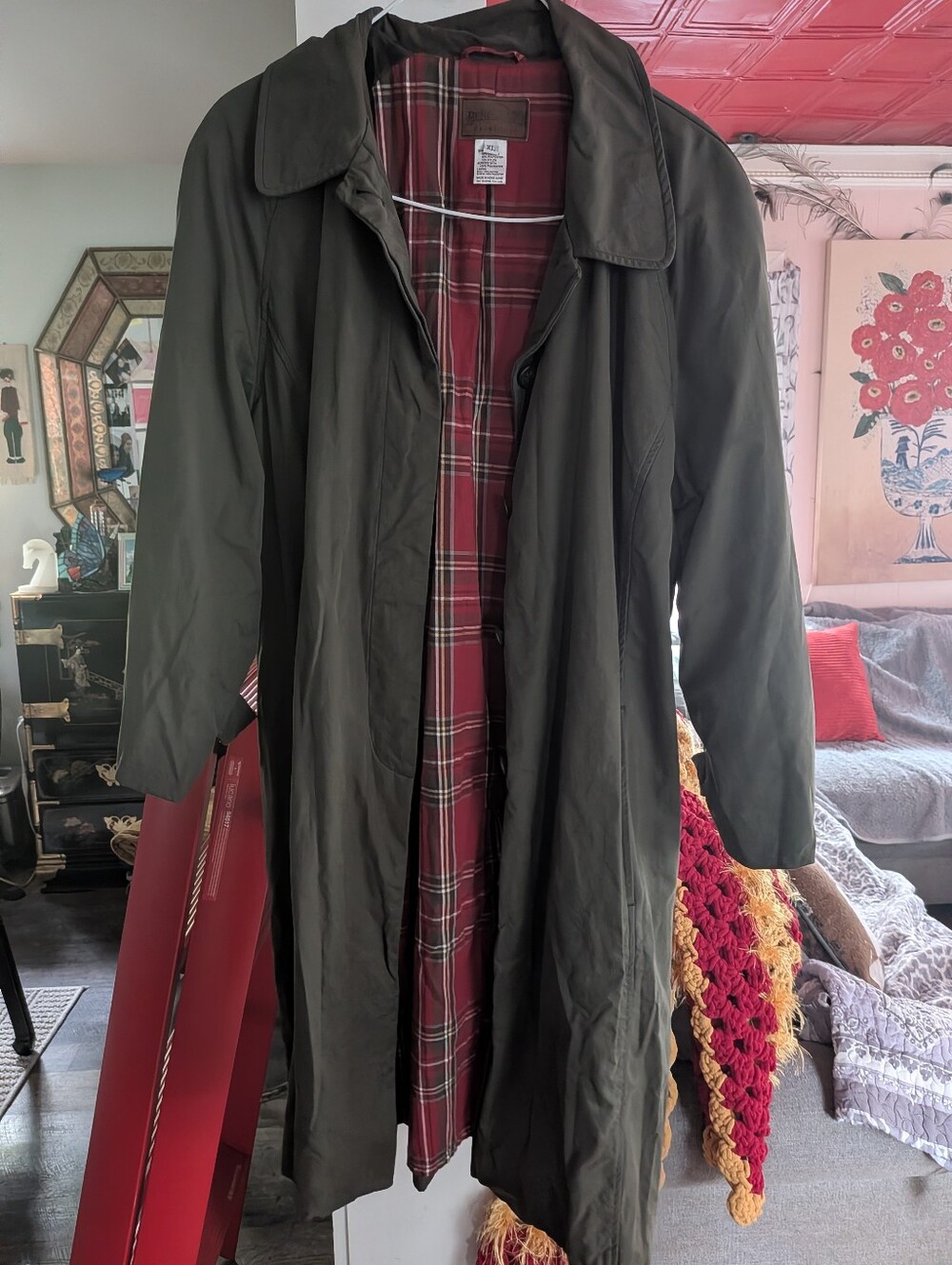 Pendleton Olive Trench Coat with Red Plaid Lining